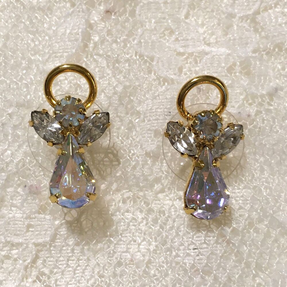 Vintage Angel Earrings AB Rhinestones Gold tone Halos Pierced